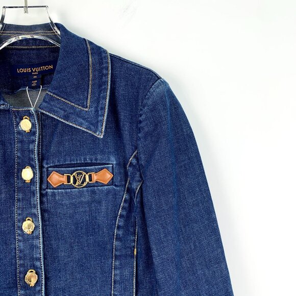 Louis Vuitton Womens Dark Blue Denim Jacket W/ Gold Button & LV Badge - Picture 7 of 8